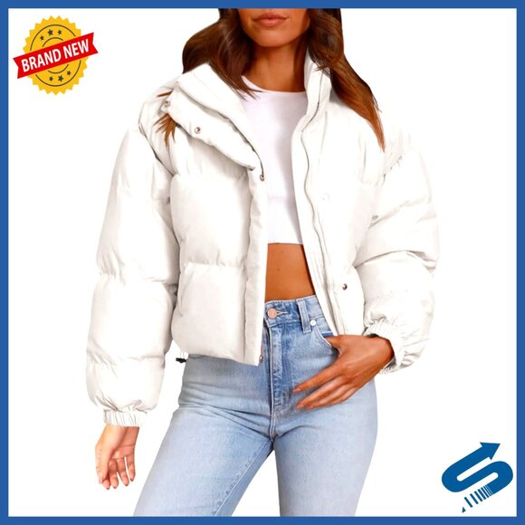 Jackets & Blazers - Cropped Puffer Jacket, Quilted Polyester, Long Sleeve, Stand Collar, Zipper